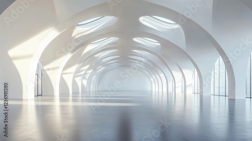 Architectural modern white concrete arched ceiling semicircular shape empty building interior tunnel hallway 3d render illustration