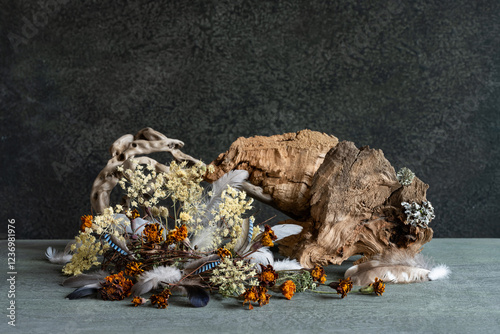 still life, phyto design, composition of dry flowers, branches, wood, bird feathers. photo