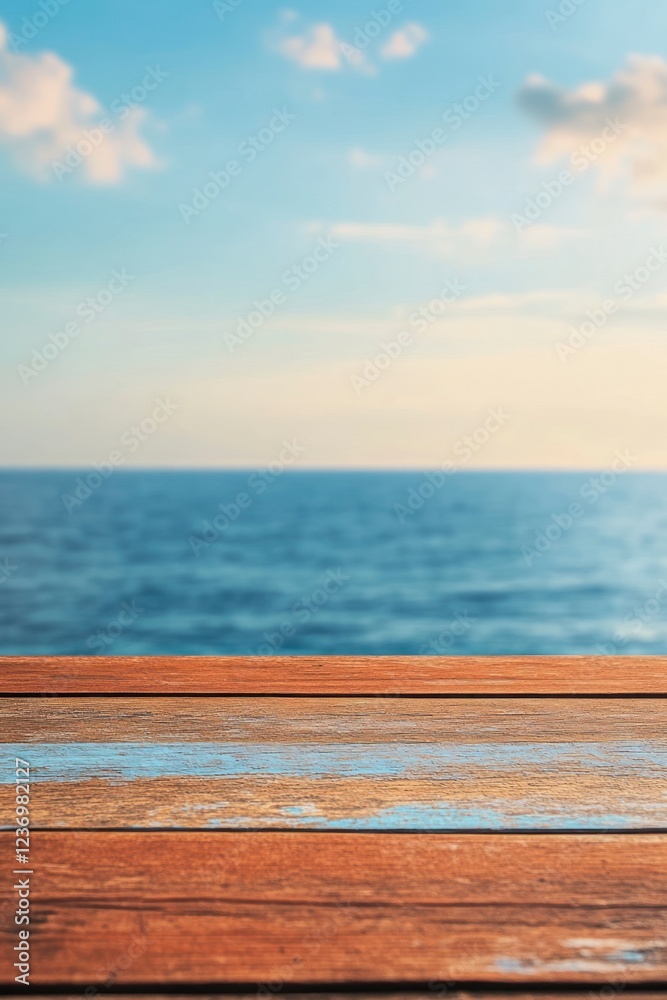 Abstract blurred background with a wooden tabletop, featuring blue and orange colors, with the sky and sea visible in the blurry background. Abstract blurred background with a wooden tabletop, featuring blue and orange colors, with the sky and sea visible in the blurry background.