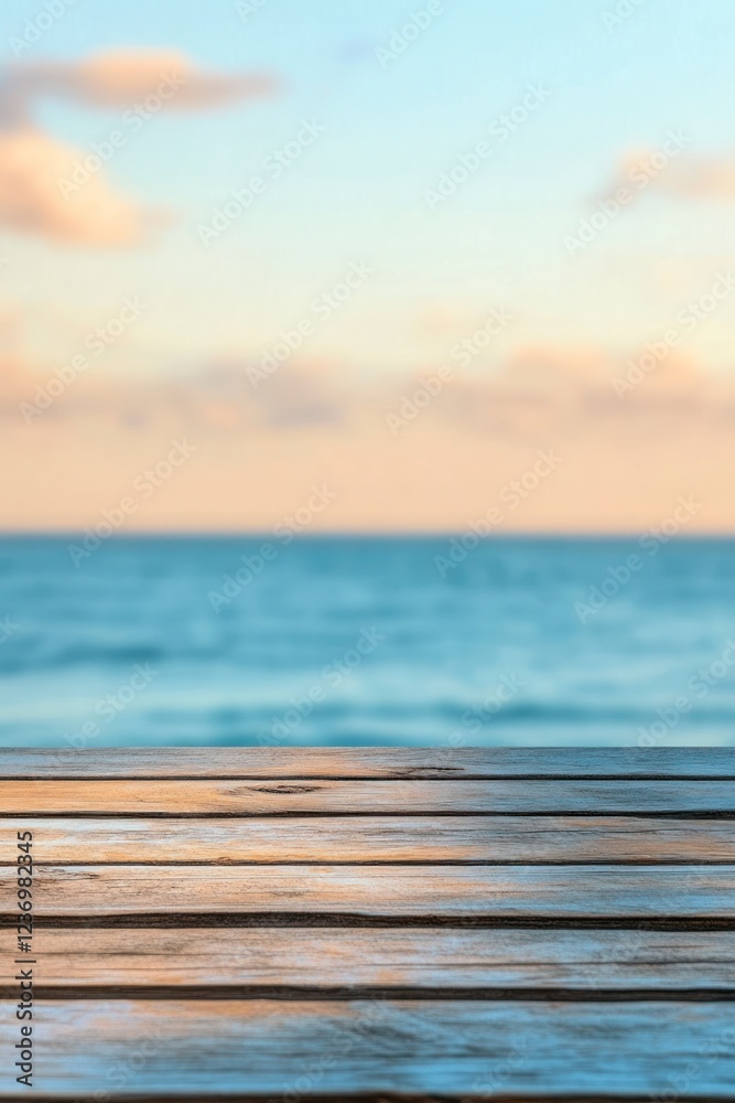 Abstract blurred background with a wooden tabletop, featuring blue and orange colors, with the sky and sea visible in the blurry background. Abstract blurred background with a wooden tabletop, featuring blue and orange colors, with the sky and sea visible in the blurry background.