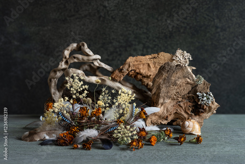 still life, phyto design, composition of dry flowers, branches, wood, bird feathers. photo