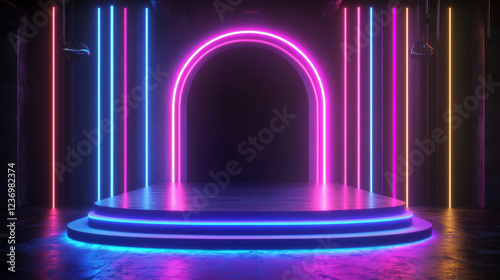 dark futuristic podium for product display with futuristic studio background 3d render illustration photo