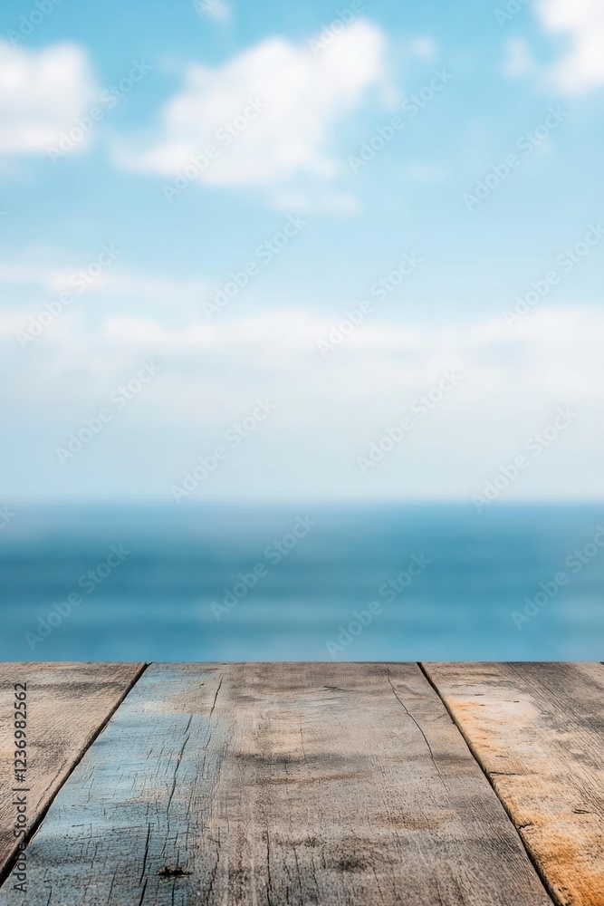 Abstract blurred background with a wooden tabletop, featuring blue and orange colors, with the sky and sea visible in the blurry background. Abstract blurred background with a wooden tabletop, featuring blue and orange colors, with the sky and sea visible in the blurry background.