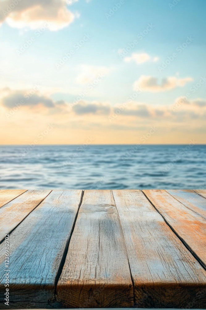 Fototapeta premium Abstract blurred background with a wooden tabletop, featuring blue and orange colors, with the sky and sea visible in the blurry background. 