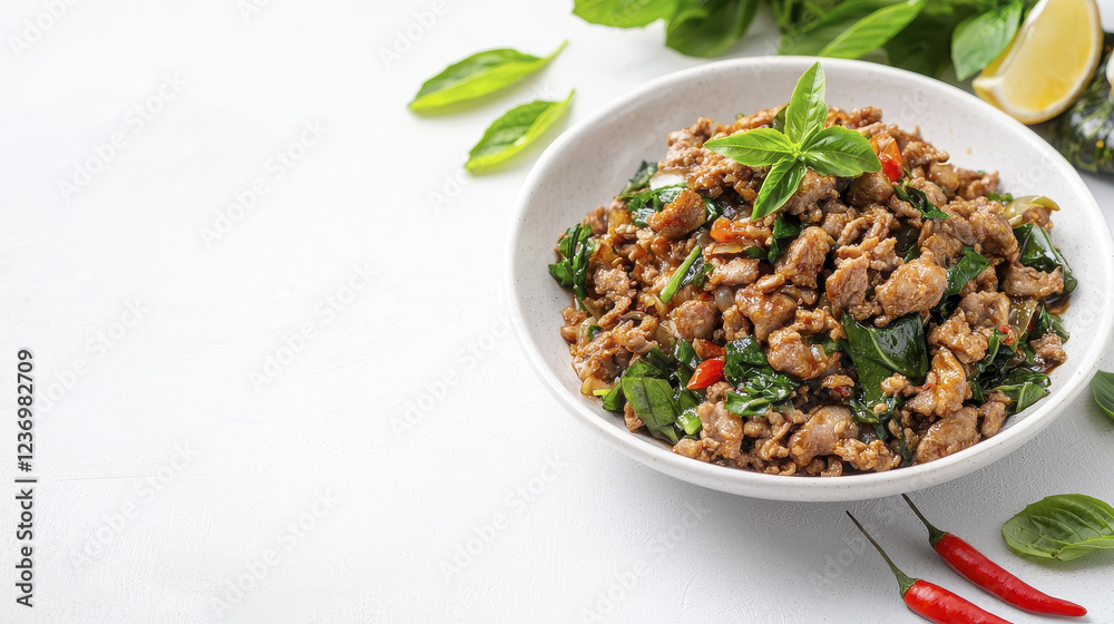 Thai basil stir fry with minced meat, fresh herbs, and chili peppers, served in bowl Thai basil stir fry with minced meat, fresh herbs, and chili peppers, served in bowl