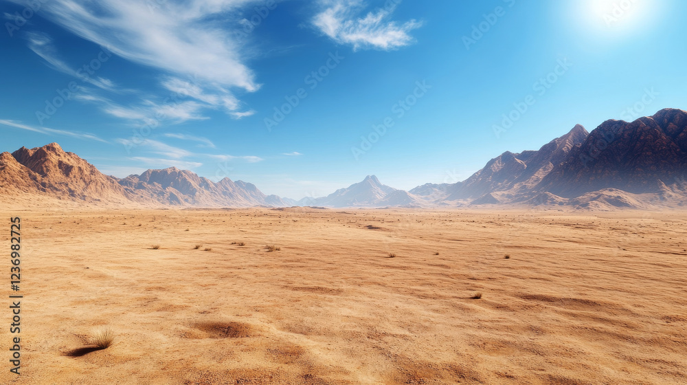 Naklejka premium Expansive arid desert landscape under a vast cloudy sky at midday 360 panorama vr environment map. 3D Illustration