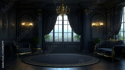 Dark elegant room, large window, chateau view, luxurious furniture, interior design photo