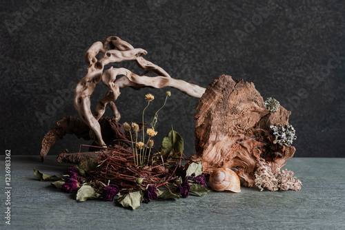 still life, phyto design, composition of dry flowers, branches, wood, bird feathers. photo