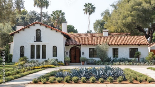 Mediterranean house, sunny garden, driveway, landscaping, suburban setting, real estate listing