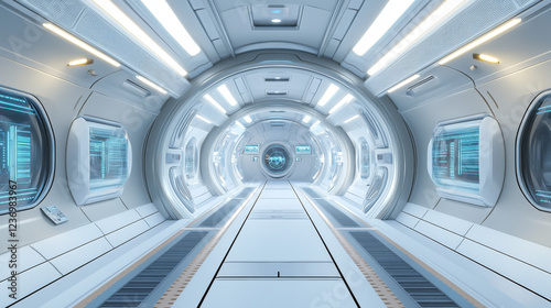 Fototapeta Naklejka Na Ścianę i Meble -  360 degree full panorama environment map of bright futuristic technology space station ship sci-fi modern industry lab hallway tunnel interior 3d render illustration hdri hdr vr virtual reality
