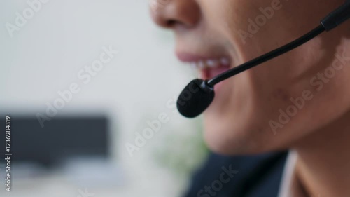 Professional Asian Male IT Support wearing a headset, using a computer working in a modern office, communicating with clients and resolving technical issues, guidance, online customer care support.