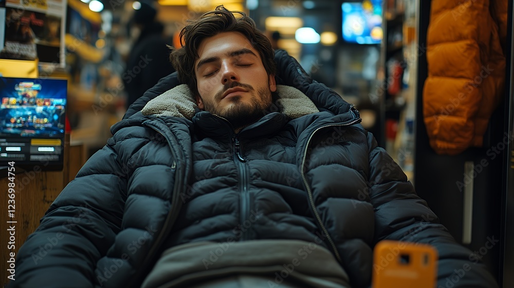 Man Sleeping in a Puffy Jacket: A Moody Urban Portrait Man Sleeping in a Puffy Jacket: A Moody Urban Portrait
