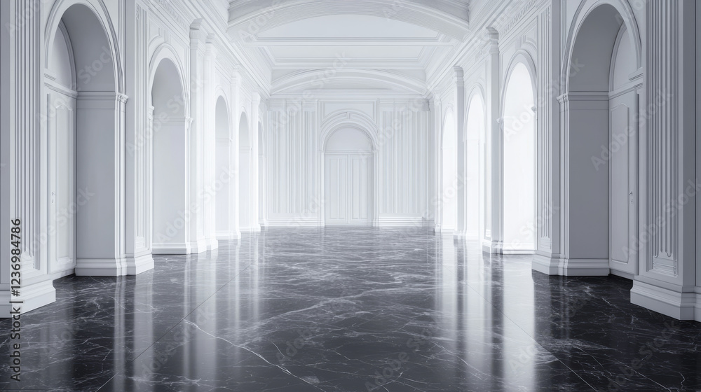 Fototapeta premium empty white wall room hall interior with dark marble floor 3d render illustration with natural cold day lighting