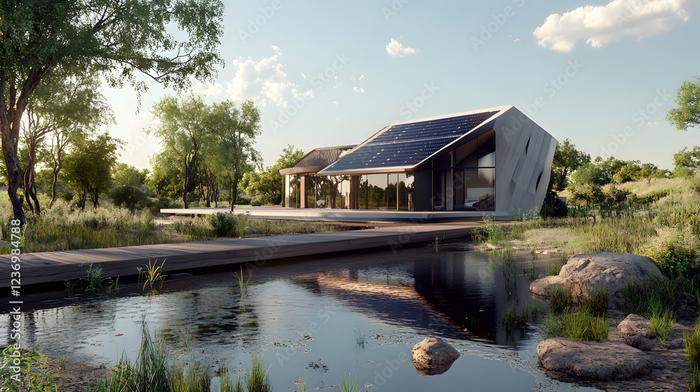 Fototapeta premium Contemporary smart home with solar power system and energy storage, focusing on sustainability and reducing environmental impact.