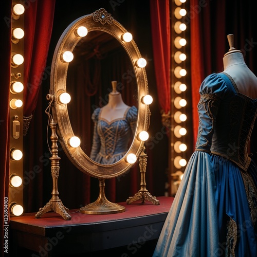 Theatrical dressing room with illuminated mirror and vintage costume on mannequin