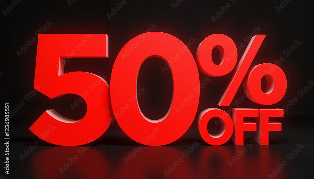 Vibrant red discount sign displaying 50% off on sleek background, sale promotion Vibrant red discount sign displaying 50% off on sleek background, sale promotion