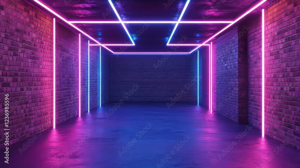 Neon-lit empty room with brick walls 3d render illustration. 3D Illustration Neon-lit empty room with brick walls 3d render illustration. 3D Illustration