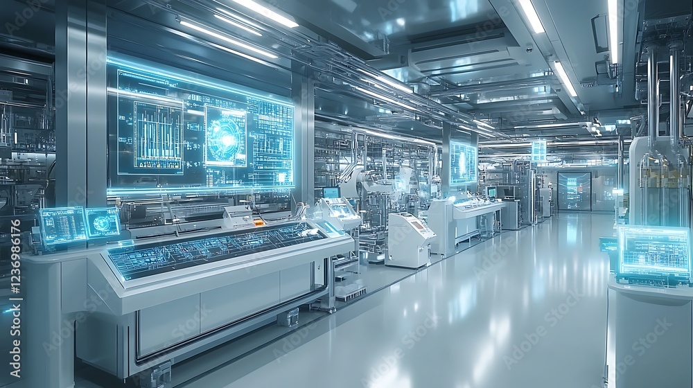Futuristic smart factory interior with holographic displays showing real-time data and automated machinery. Futuristic smart factory interior with holographic displays showing real-time data and automated machinery.