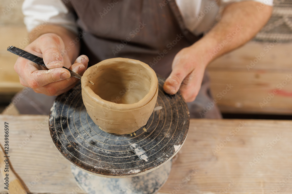 Cropped view of artisan making clay cup with fettling knife in workshop