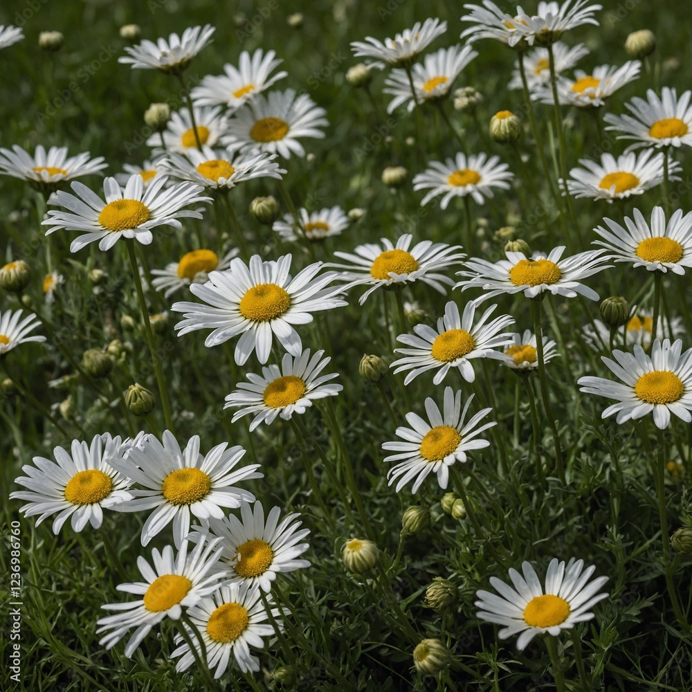 A cluster of white daisies blooming in a green meadow. A cluster of white daisies blooming in a green meadow.