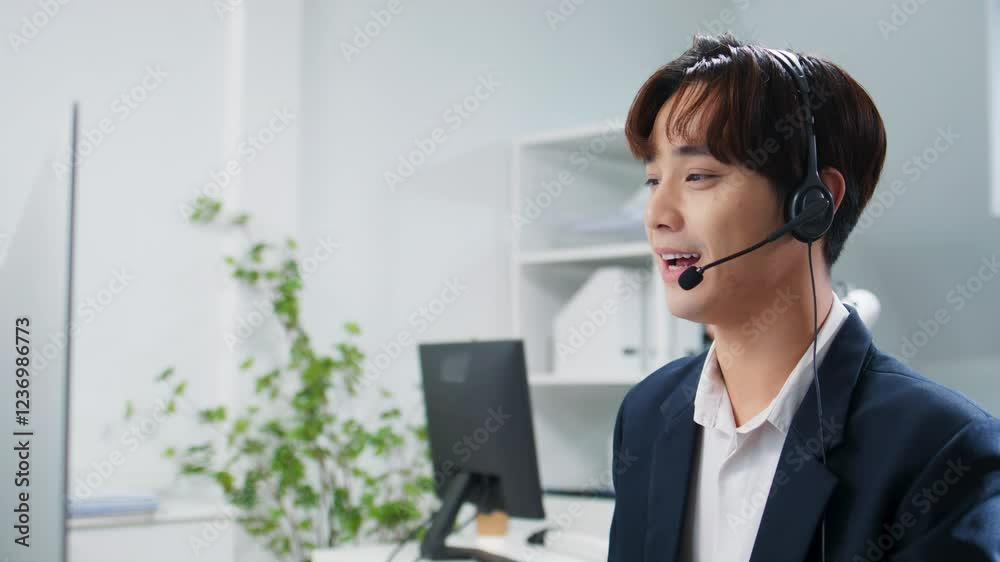 Professional Asian Male IT Support wearing a headset, using a computer working in a modern office, communicating with clients and resolving technical issues, guidance, online customer care support. Professional Asian Male IT Support wearing a headset, using a computer working in a modern office, communicating with clients and resolving technical issues, guidance, online customer care support.