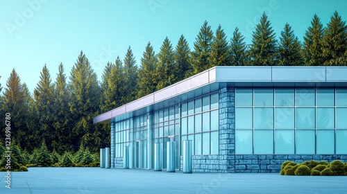An ultramodern minimalist commercial structure with floor-to-ceiling frosted glass windows and square columns in front