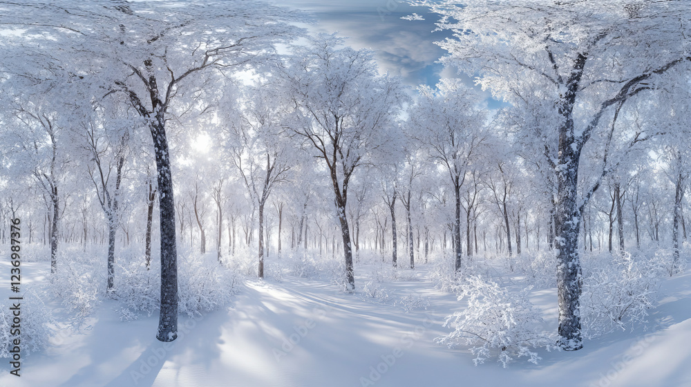 Obraz premium Trees in a snowy landscape 360 panorama vr environment map. 3D Illustration