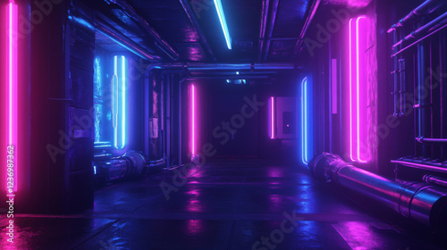 futuristic dark industrial grunge basement with pipes and glowing blue and violet neon light 3d render illustration