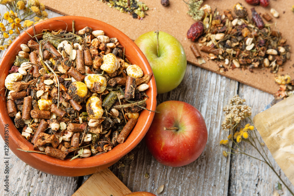 special muesli and granules for senior horses served in bowl around muesli background. feeding and horse care concept.