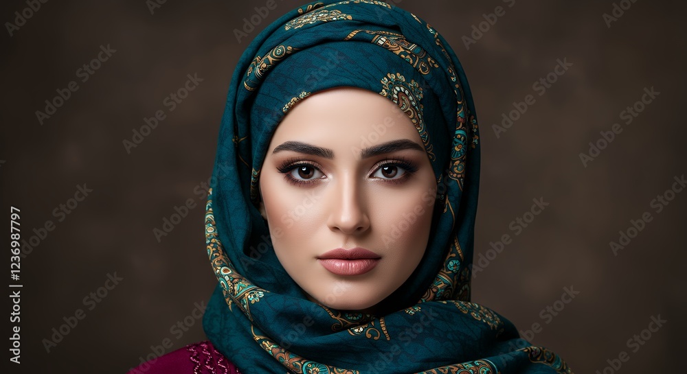 Elegant Woman in Teal Hijab with Gold Pattern