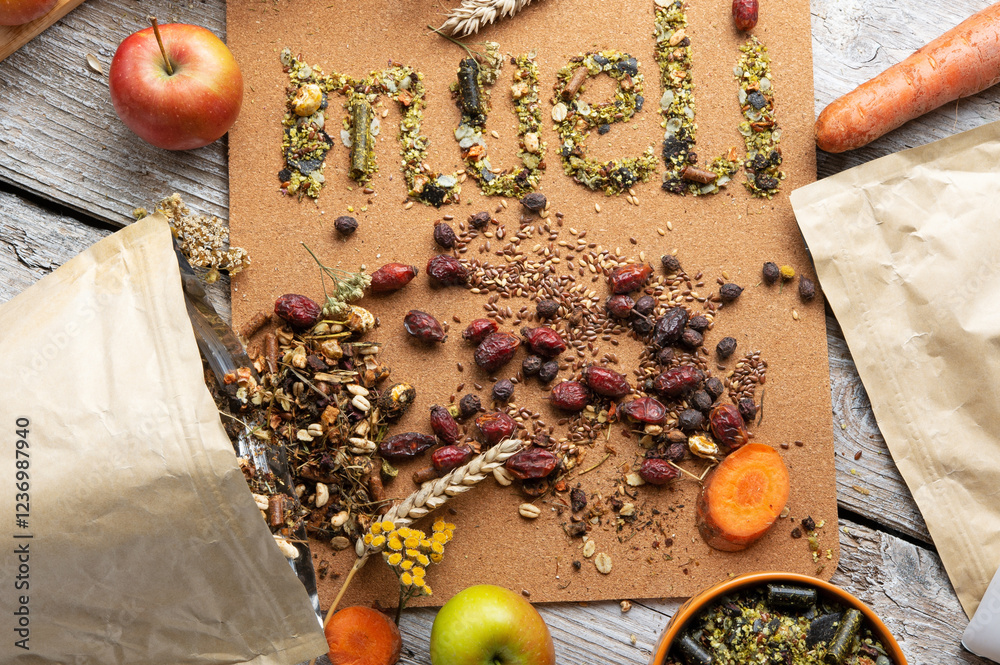 special muesli and granules for senior horses served in bowl around muesli background. feeding and horse care concept.