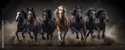 Wild Horse Run: A breathtaking image of seven majestic horses galloping across a dusty landscape, their manes and tails flowing in the wind. A powerful symbol of freedom and untamed beauty.