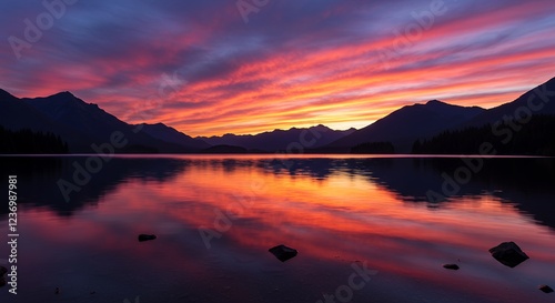 Stunning Sunset Lake Landscape with Mountain Reflections