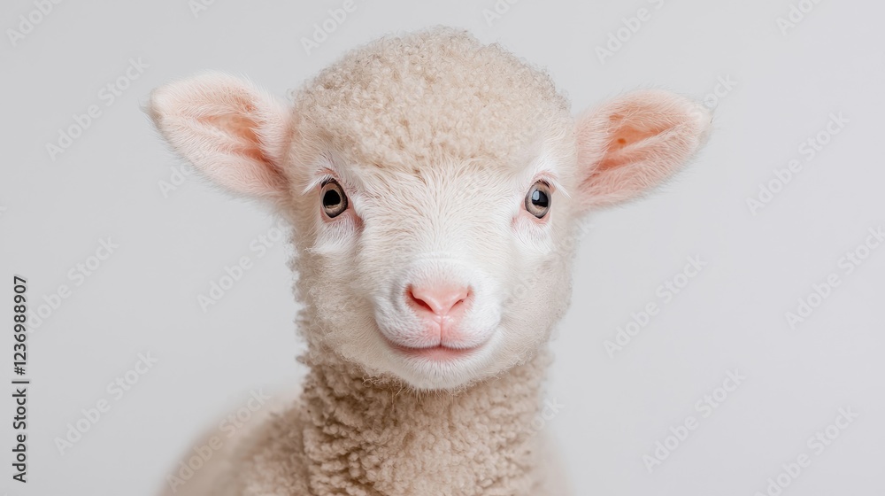 Fototapeta premium Cute lamb portrait, spring farm, soft background, Easter