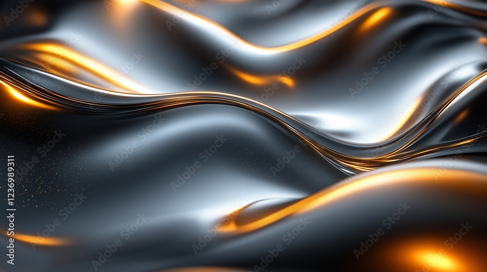 Obraz premium Abstract dark metallic waves with gold reflections. Fluid texture background with copy space. Innovative and luxury concept.