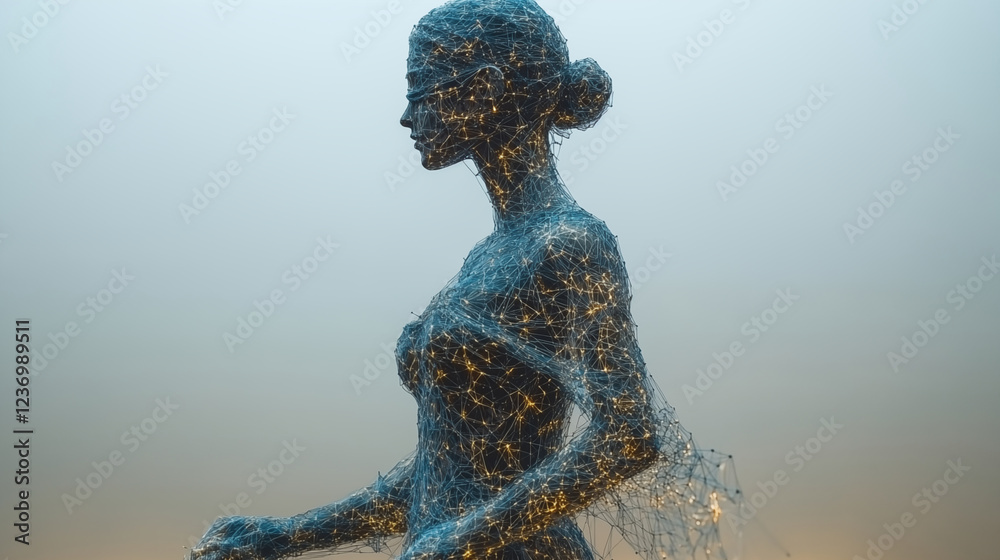 Digital wireframe sculpture of human figure glowing with constellation points and network connections. Concept of artificial intelligence and digital consciousness Digital wireframe sculpture of human figure glowing with constellation points and network connections. Concept of artificial intelligence and digital consciousness
