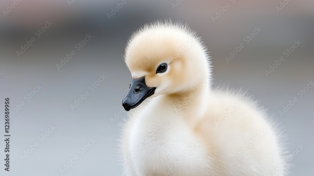 Fluffy cygnet closeup, blurred background, nature Fluffy cygnet closeup, blurred background, nature