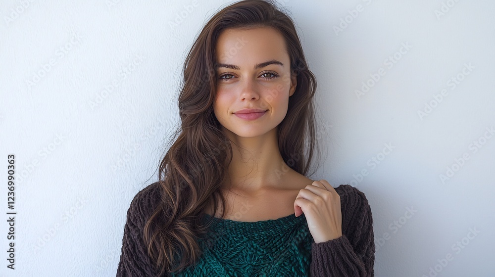 Young woman smiling gently while posing against a plain background, showcasing natural beauty Young woman smiling gently while posing against a plain background, showcasing natural beauty