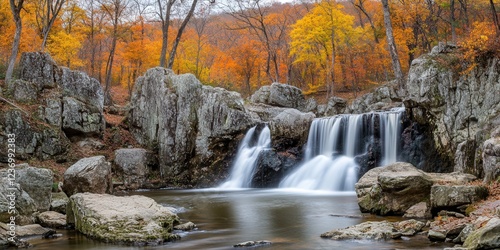 Autumn Waterfall Cascading Rocks, Forest Background, Nature Photography.
