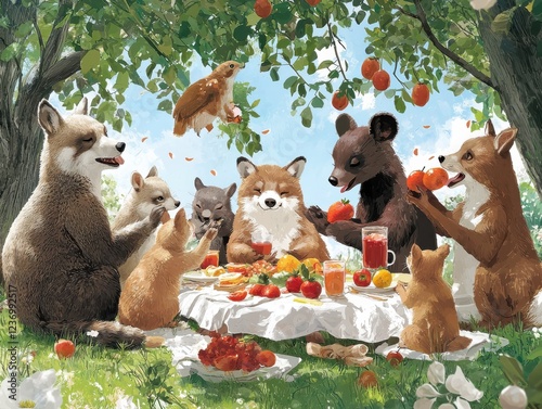 Joyful animals picnic celebration under fruitful trees nature scene gigapixel illustration outdoor delight whimsical environment photo