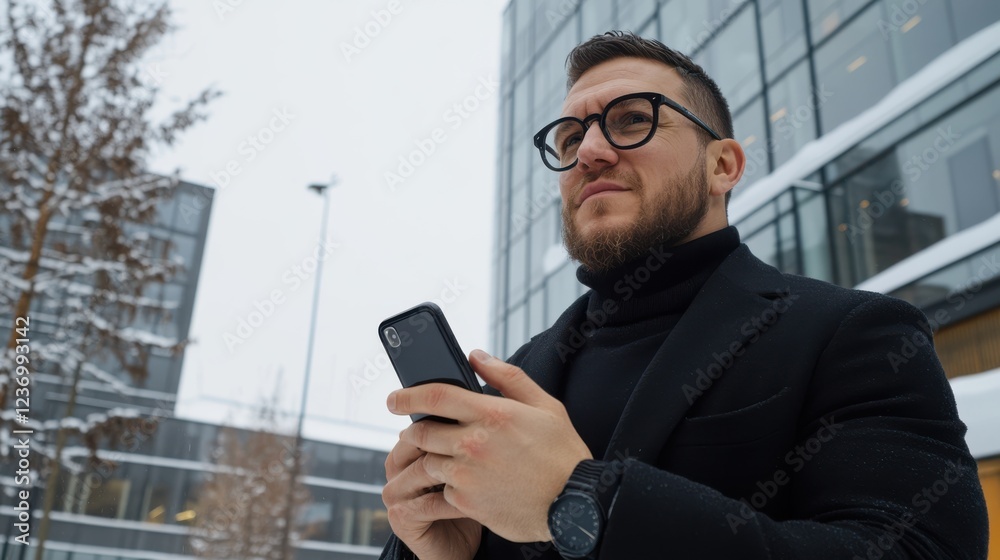 Confident man in a winter coat smiles while using his phone outside modern buildings on a snowy day. Confident man in a winter coat smiles while using his phone outside modern buildings on a snowy day.