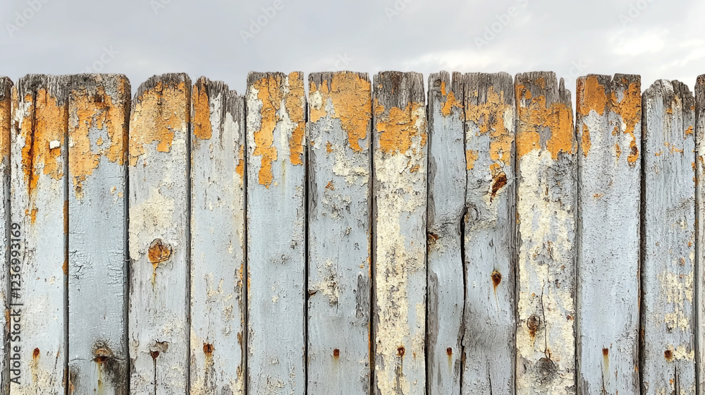 Fototapeta premium Weathered wooden fence with peeling paint in a cloudy outdoor setting