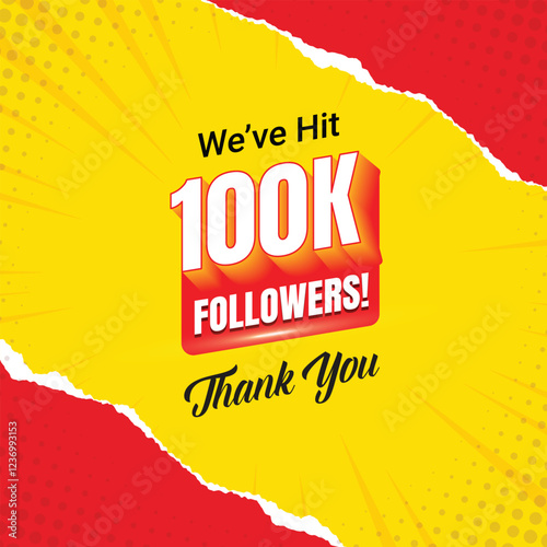 100k social media followers and subscribers template, greeting banner for fans, vector background for achievement celebration template, five thousands followers and subscribers with yellow background.