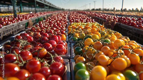 Colorful cherry tomatoes harvest, farm field, sunny day, food industry photo