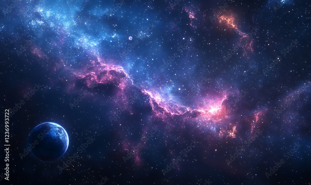 Cosmic landscape with nebula, stars, and a planet.