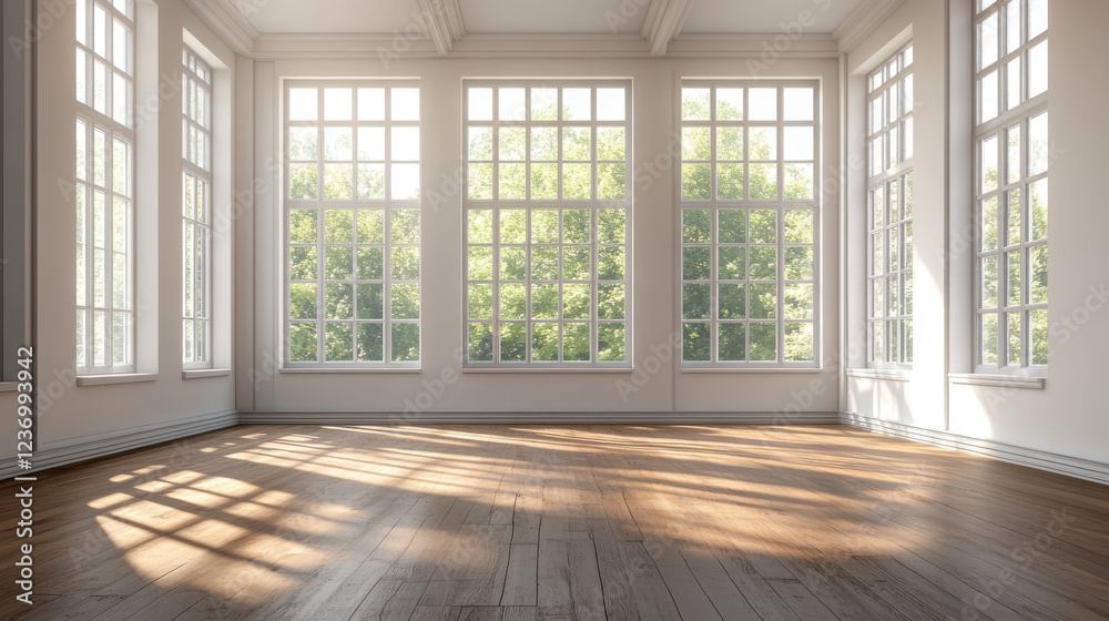 Obraz premium empty blank room with big windows, wooden floor and sun lighting 3d render illustration. 3D Illustration