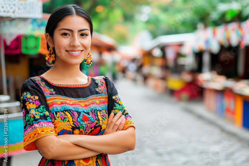 Mexican woman celebrating cinco de mayo in traditional dress