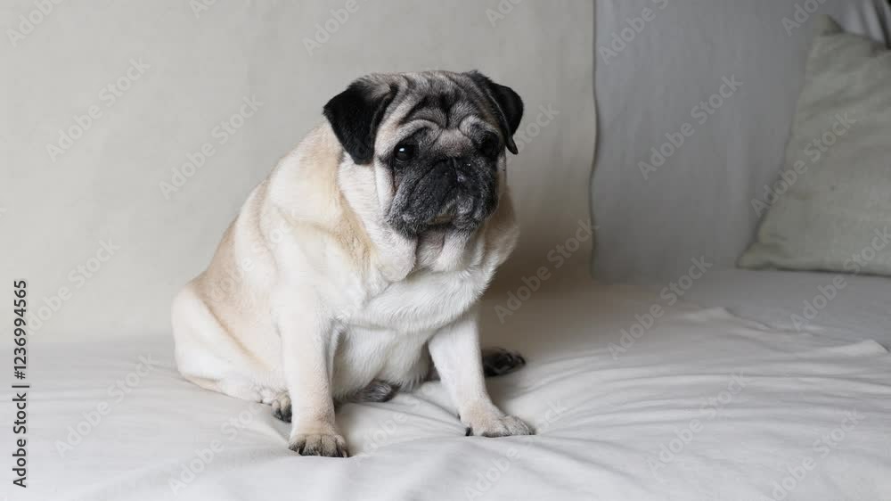 Beige pug sits on light colored sofa and tilts head from side to side Beige pug sits on light colored sofa and tilts head from side to side