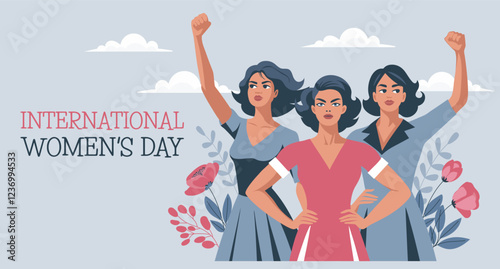 Women's Day card. Young women with flowers and raised hands in protest. Banner, poster, illustration
