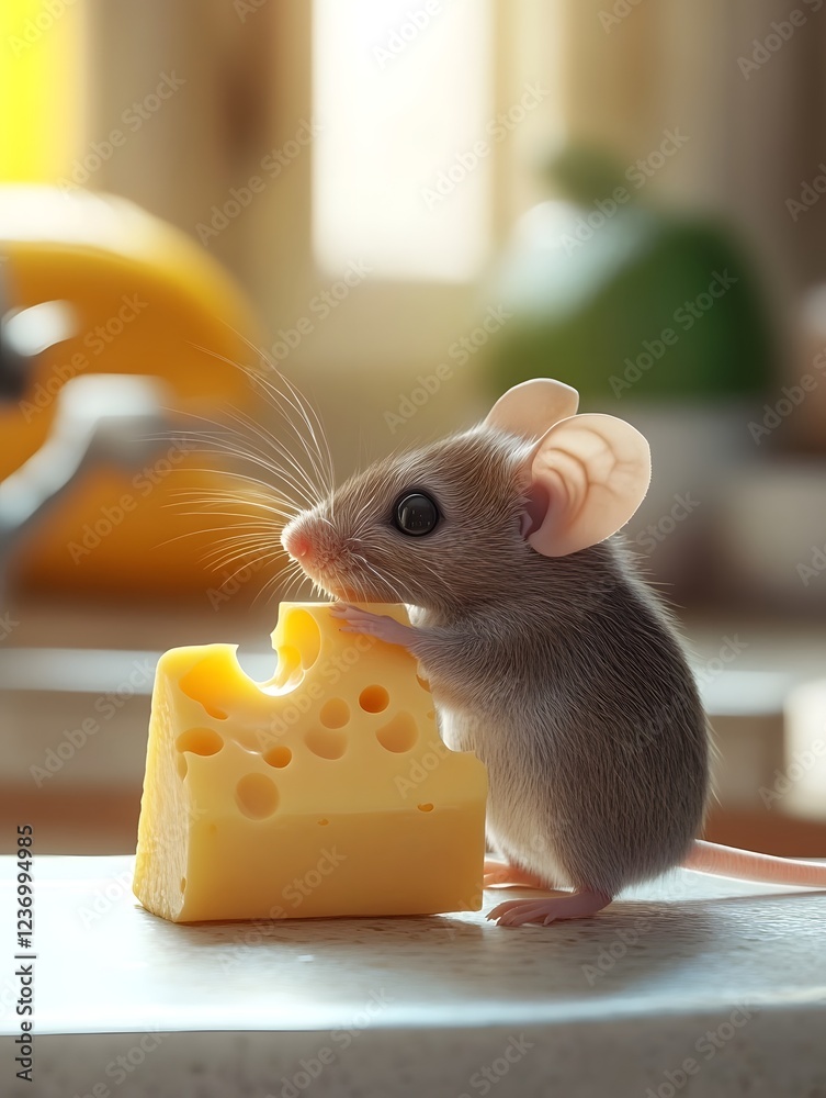 Fototapeta premium Curious Mouse Sniffs Cheese on Kitchen Counter in Whimsical Composition